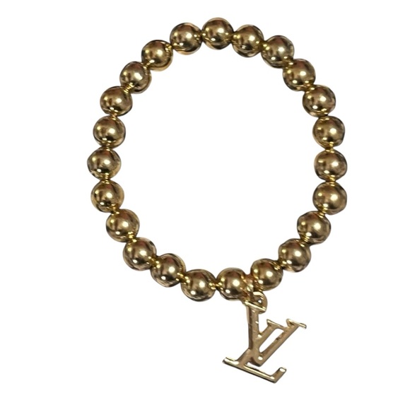 Gold Stamped Louis Vuitton Charm on a 8mm Beaded Bracelet - Picture 1 of 6